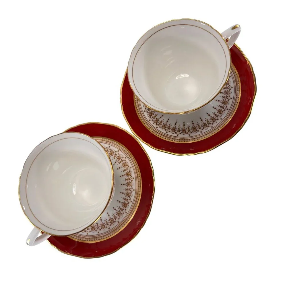 Vtg Royal Worcester Red Regency Tea Cup Saucer Set Of 2 Gold Trim England - Picture 11 of 15
